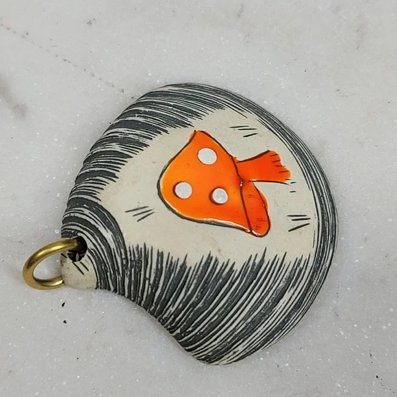 Handpainted Shell Mushroom Pendant Orange Cottagecore Woodland Jewelry Whimsical - Picture 8 of 10